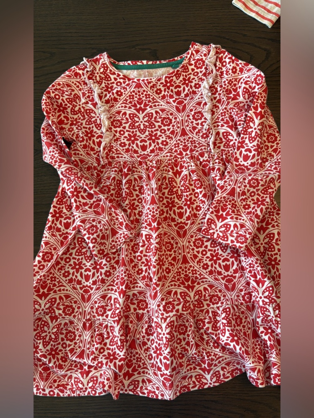 Mini Boden 5/6 Red & White Floral Ruffle Long Sleeve Dress